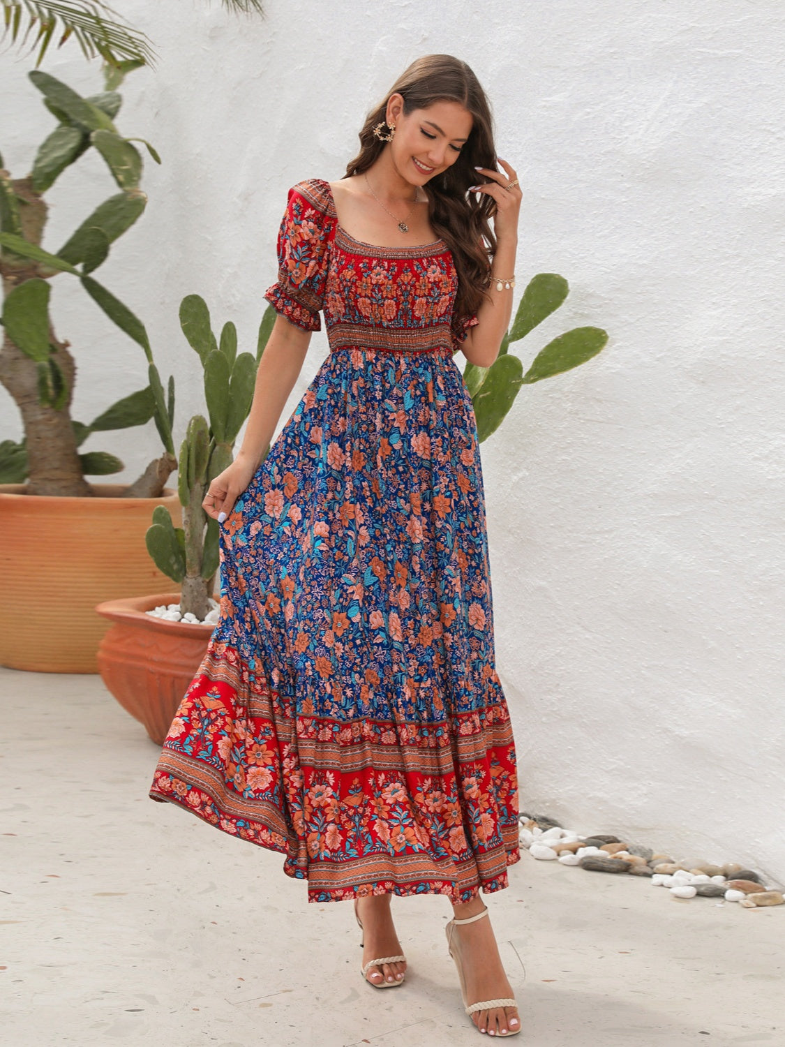 CM | Maxivestido de mujer - Top fruncido - Mangas abullonadas - Abertura lateral - Estilo bohemio