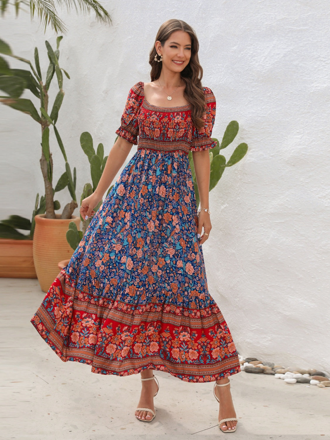 CM | Maxivestido de mujer - Top fruncido - Mangas abullonadas - Abertura lateral - Estilo bohemio