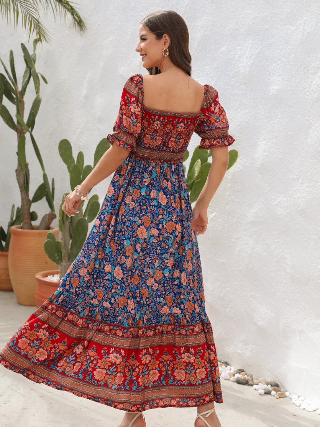 CM | Maxivestido de mujer - Top fruncido - Mangas abullonadas - Abertura lateral - Estilo bohemio