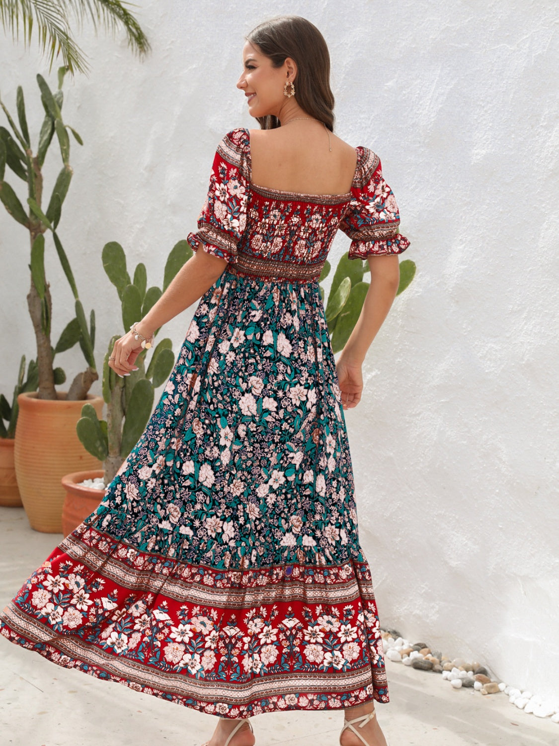 CM | Maxivestido de mujer - Top fruncido - Mangas abullonadas - Abertura lateral - Estilo bohemio