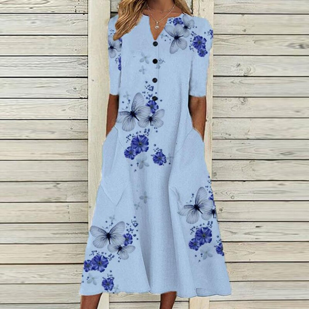 CM | Vestido midi de mujer - cuello de pico - tapeta de botones - manga corta - estampado floral de mariposas - bolsillos