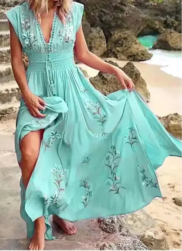 CM | 2024 Elegante vestido largo boho con estampado floral y escote en V