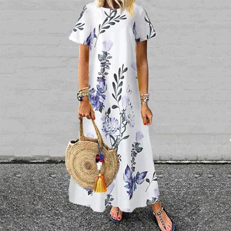 CM | Maxivestido de mujer - Corte relajado - Mangas cortas - Fibras naturales - Estampado floral
