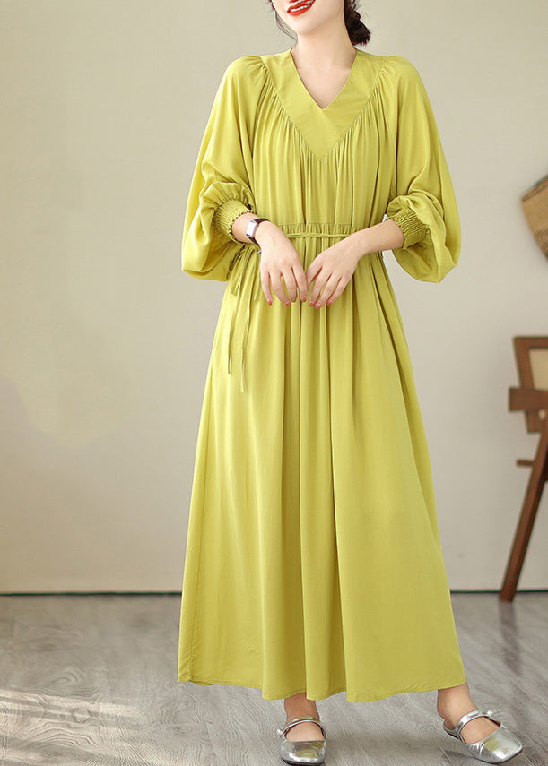 CM | Amarillo Cuello en V Verde Vestido Largo Mangas Abullonadas VB1009