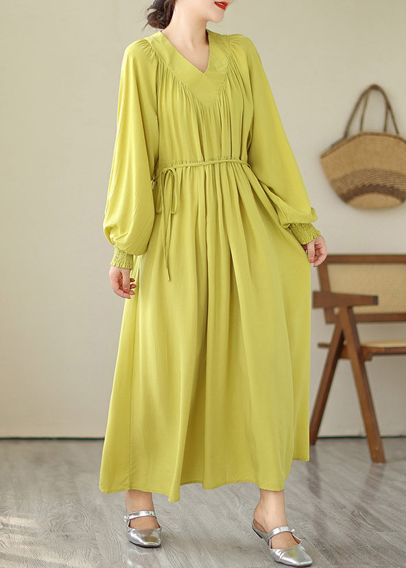 CM | Amarillo Cuello en V Verde Vestido Largo Mangas Abullonadas VB1009