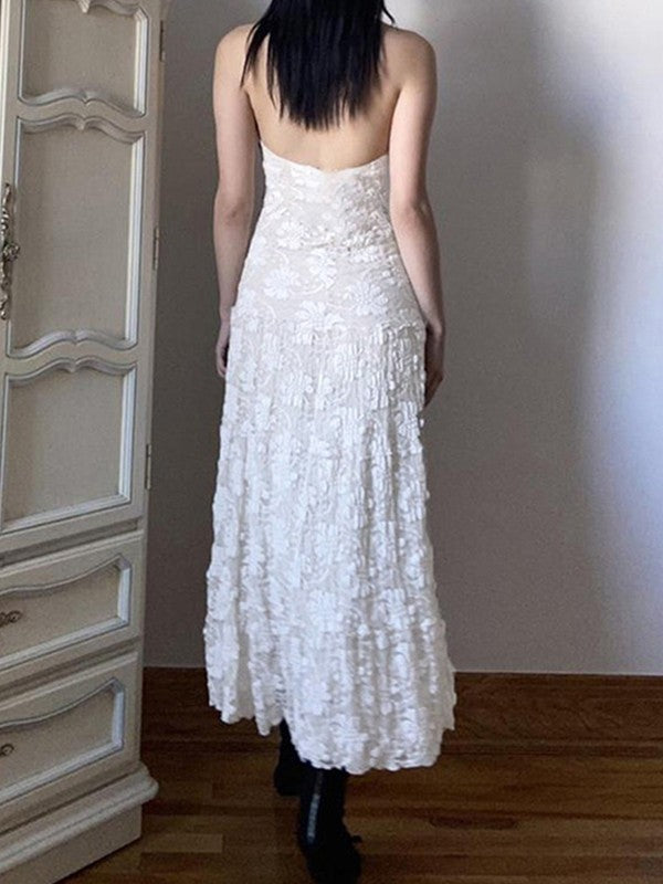 CM | Blanco Encaje Floral Halter Maxi Vestido