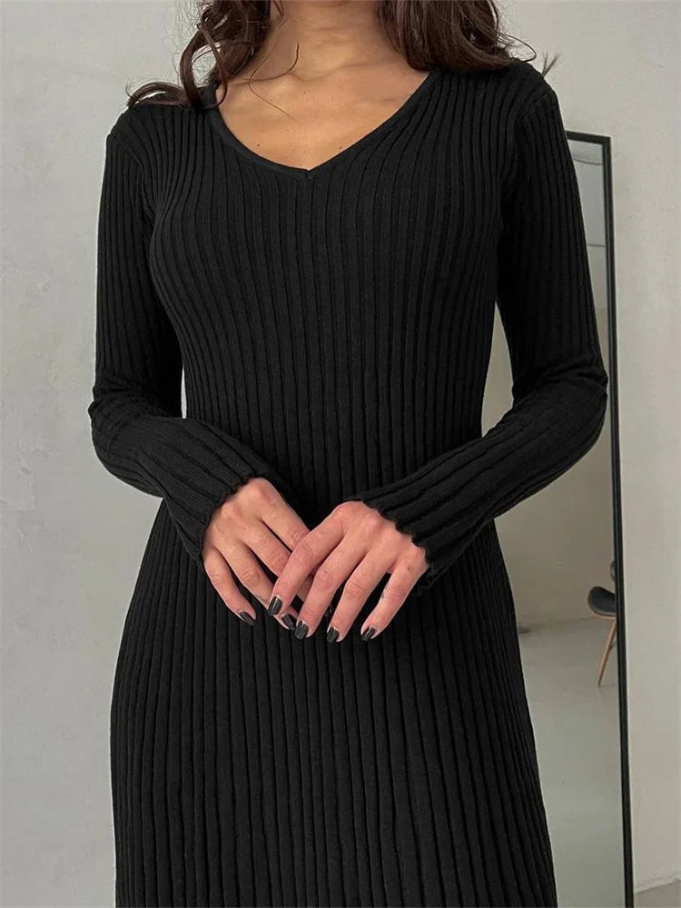 CM | acanalado manga larga slim fit sólido otoño vestido midi