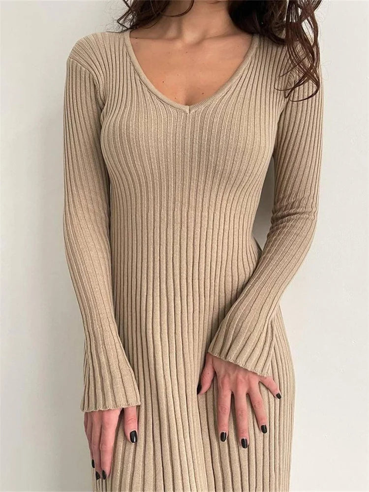 CM | acanalado manga larga slim fit sólido otoño vestido midi