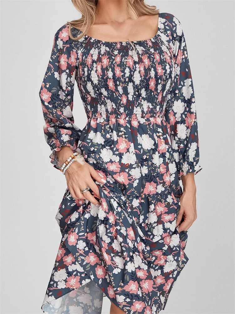 CM | Bohemian Floral Print Vestido Midi Manga Larga con Cintura Alta en A-Line
