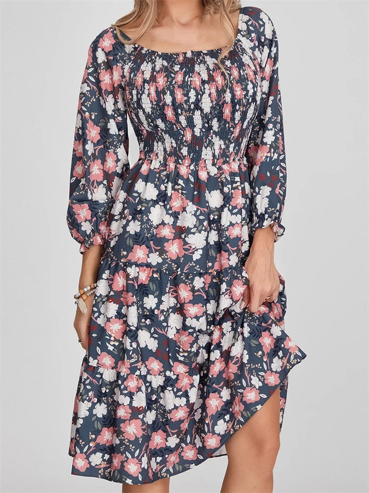 CM | Bohemian Floral Print Vestido Midi Manga Larga con Cintura Alta en A-Line