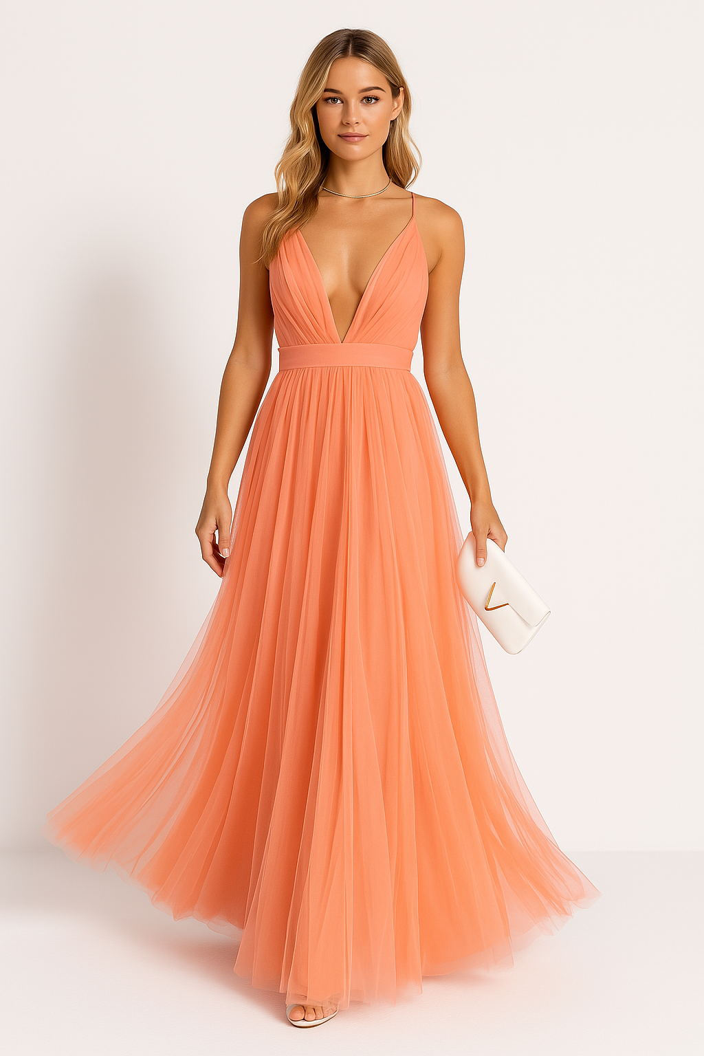 CM | Maxi vestido de mujer - Cuello en V sin mangas - Cintura ceñida - Corte ligero y elegante