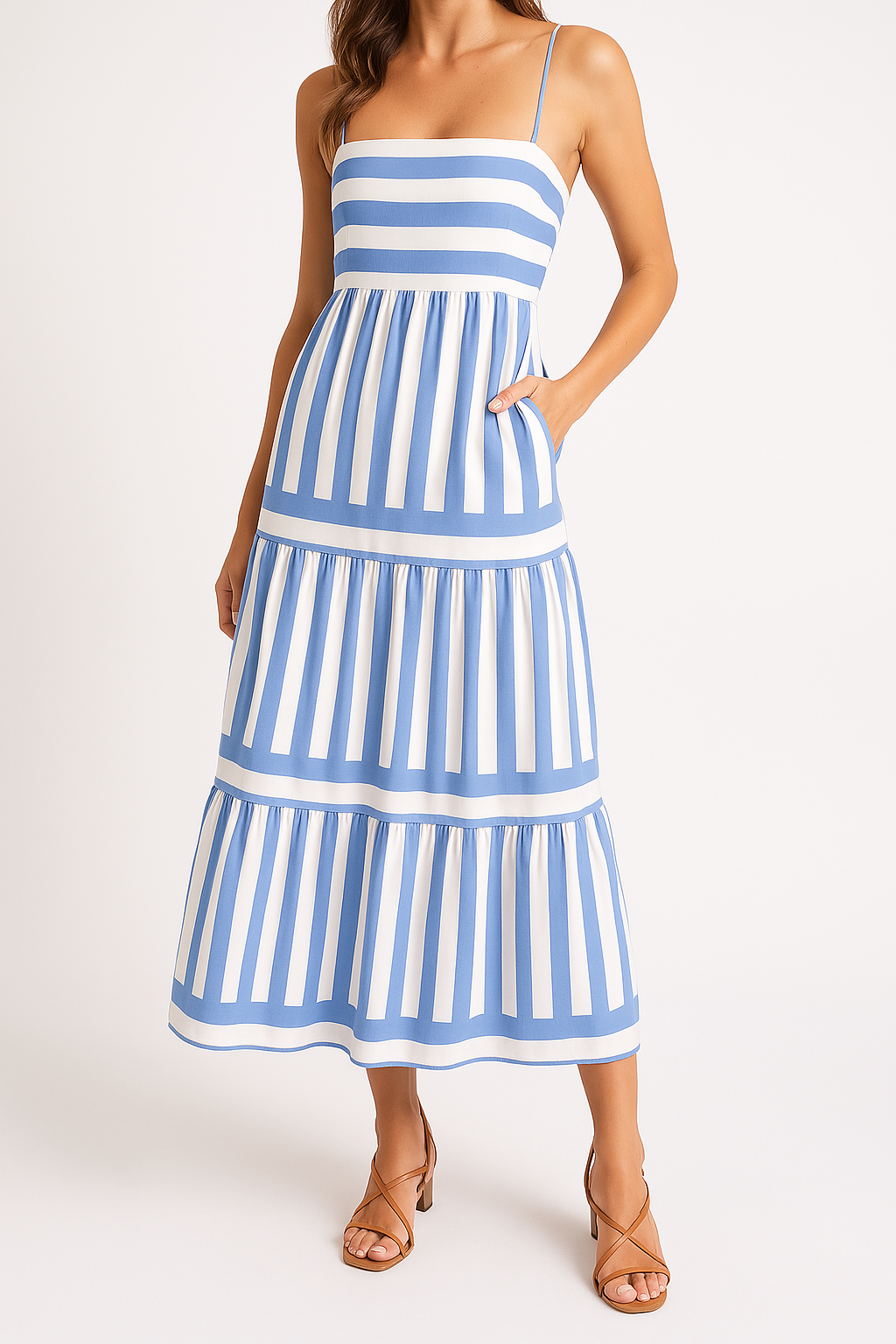 CM | Vestido de tirantes para mujer - Algodón ligero - Corte en A - Maxivestido de rayas