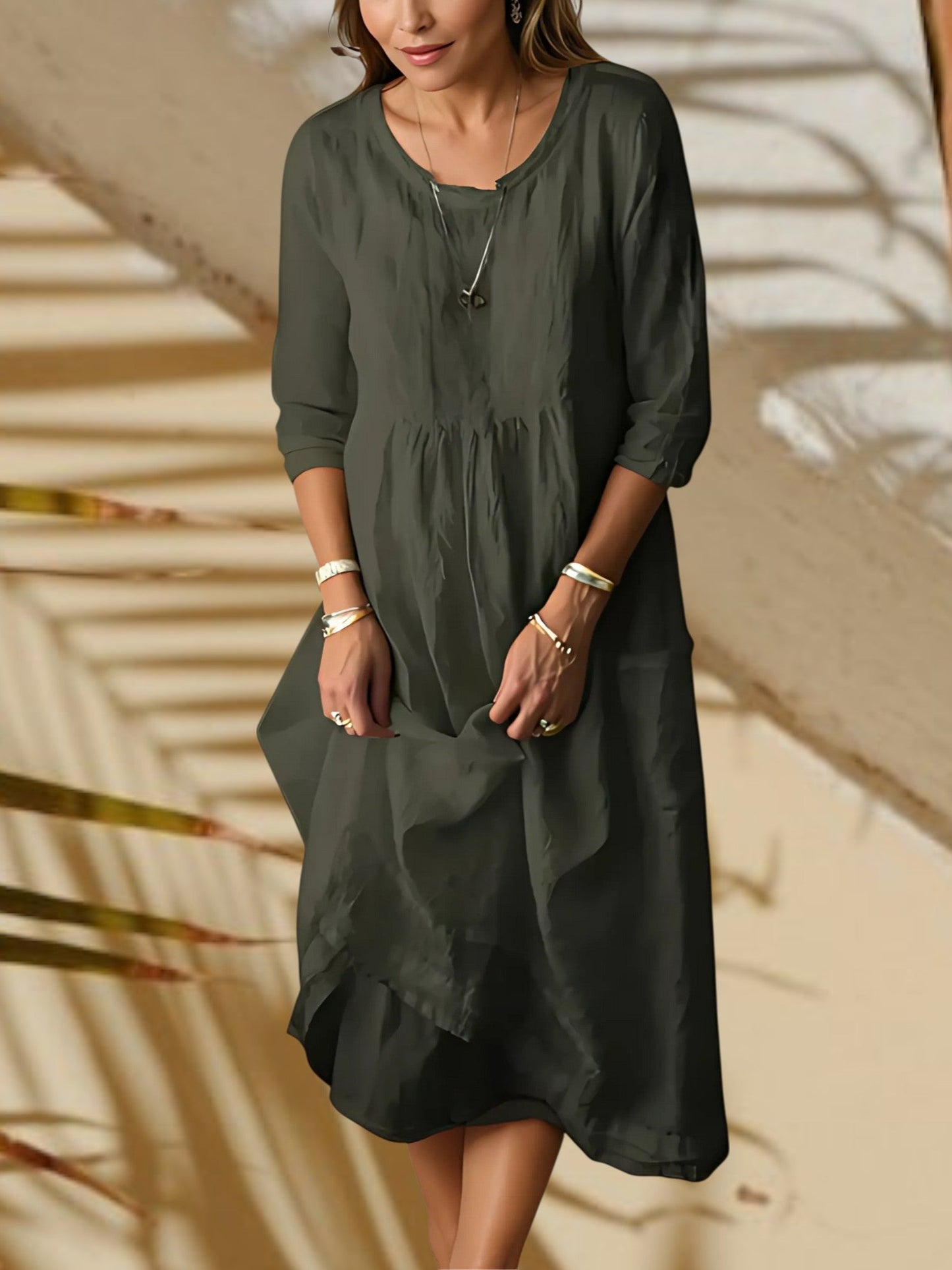 CM | Vestido midi de mujer con mangas 3/4 y cuello redondo
