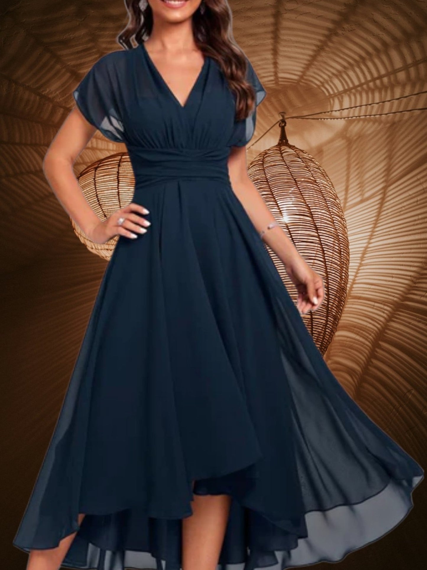 CM | Vestido midi de señora con cuello en V, manga corta y falda entallada