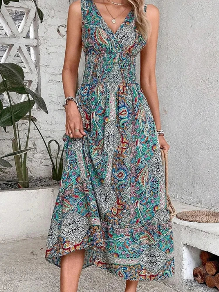 CM | 2024 Elegante vestido de verano sin mangas estampado bohemio con cintura alta Vestido largo boho
