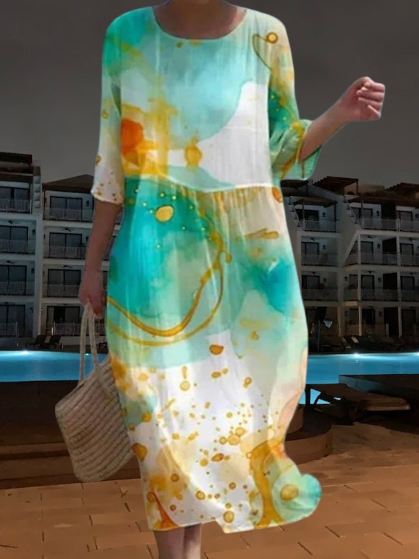 CM | Elegante vestido midi de material ligero y fluido, manga 3/4 con estampado floral