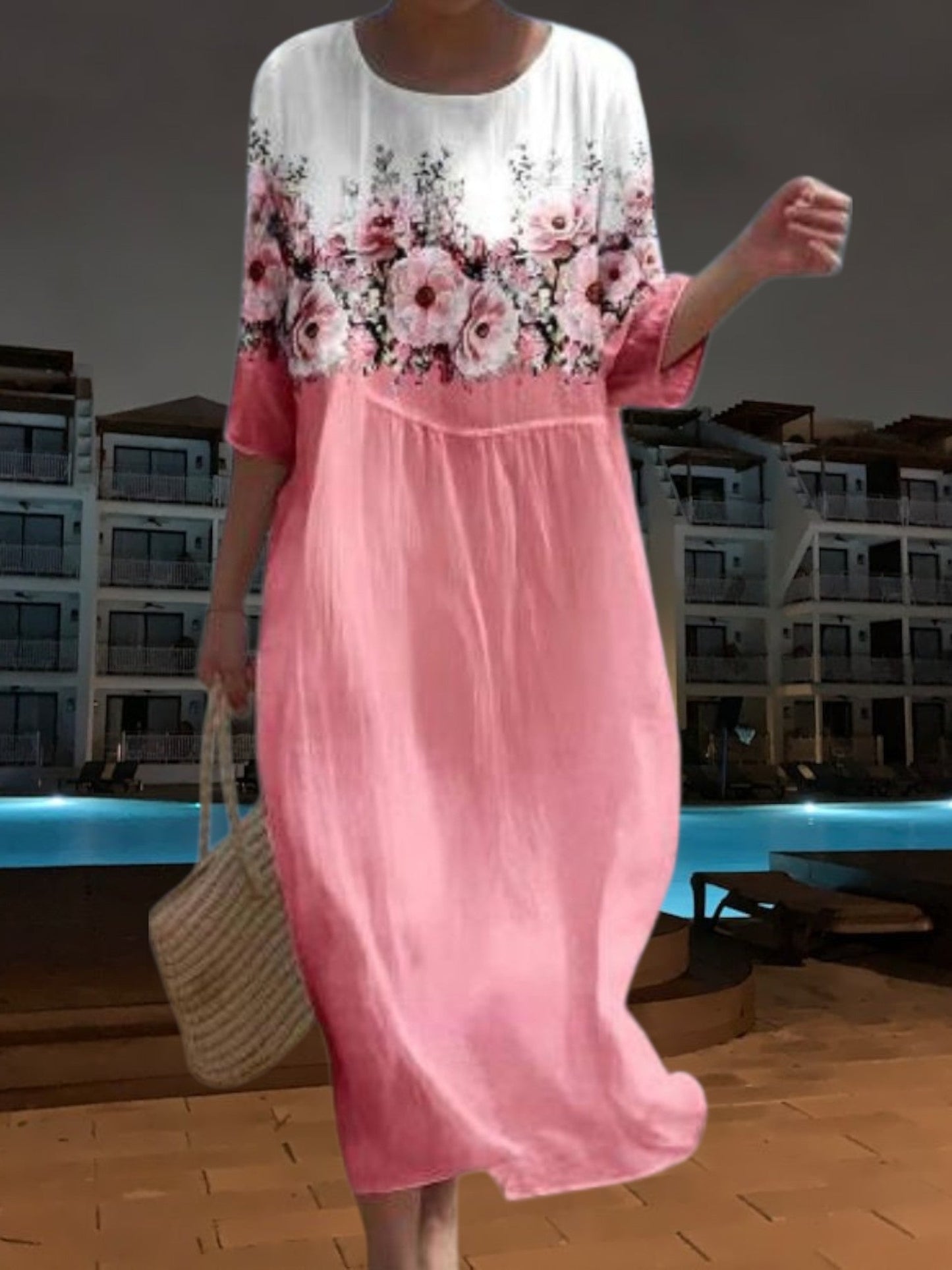 CM | Elegante vestido midi de material ligero y fluido, manga 3/4 con estampado floral