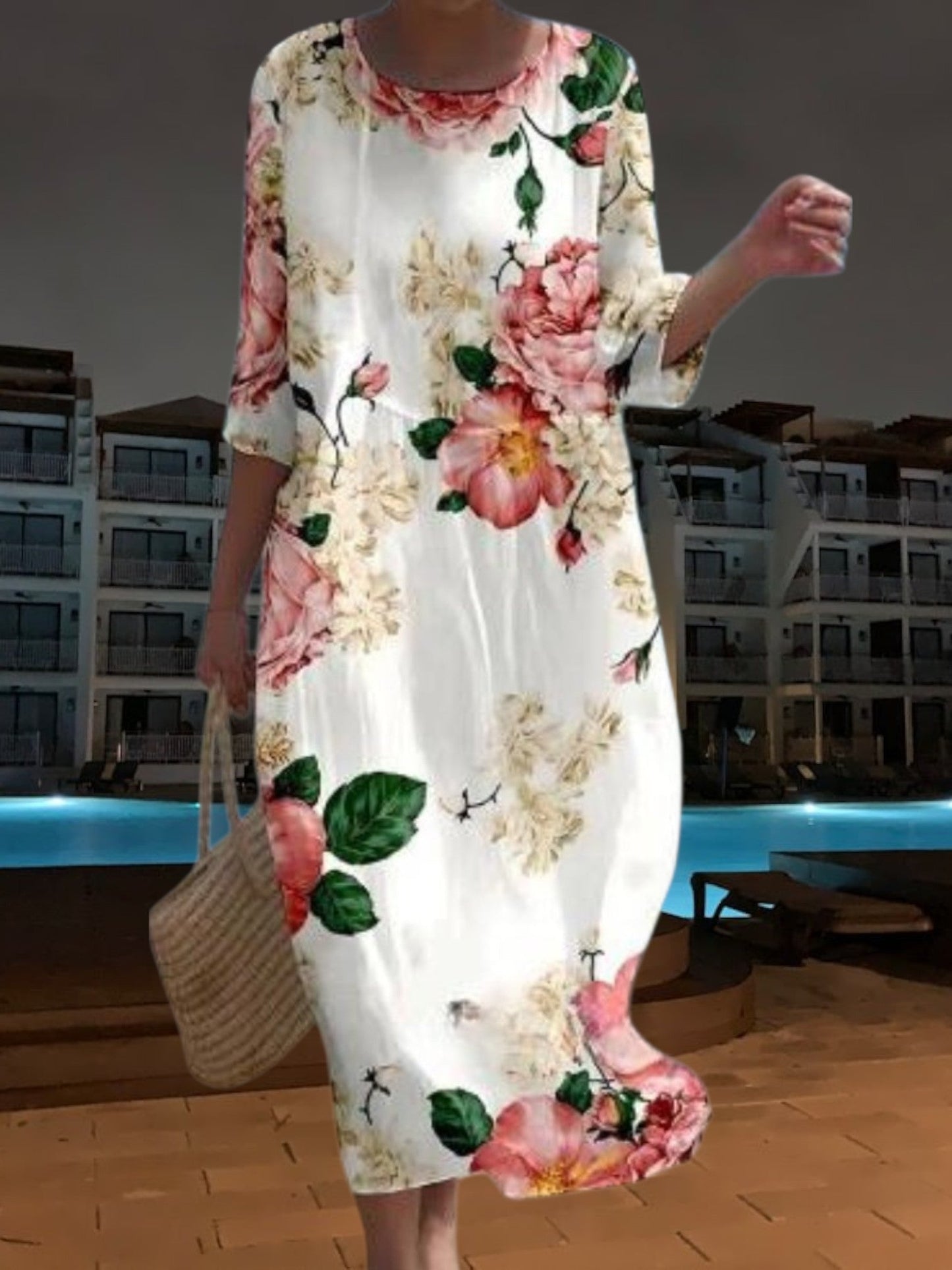 CM | Elegante vestido midi de material ligero y fluido, manga 3/4 con estampado floral