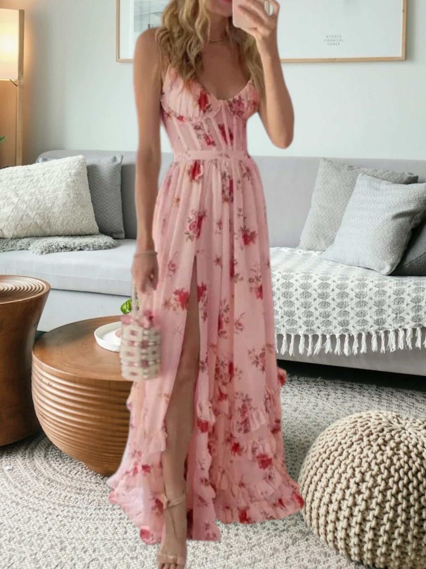 CM | Elegante vestido midi festivo de encaje con detalles florales y sin mangas para mujer