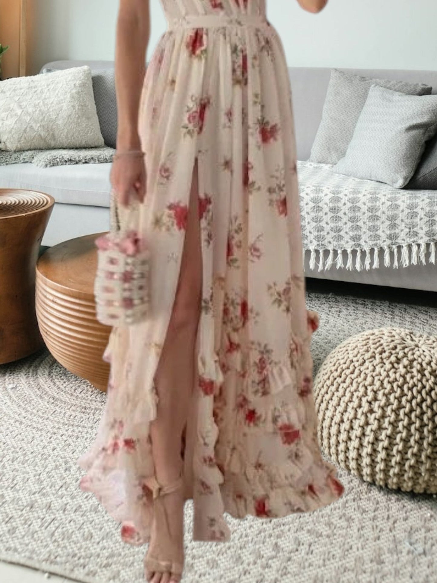 CM | Elegante vestido midi festivo de encaje con detalles florales y sin mangas para mujer