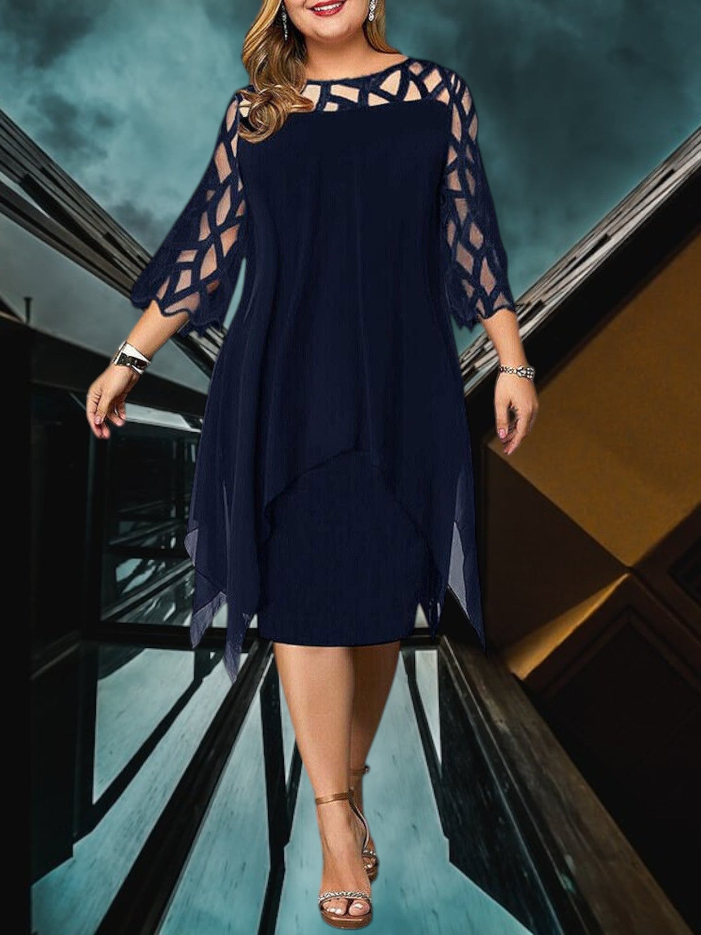 CM | Elegante vestido midi de talla grande hecho de material de alta calidad para mujer, fácil de cuidar y versátil