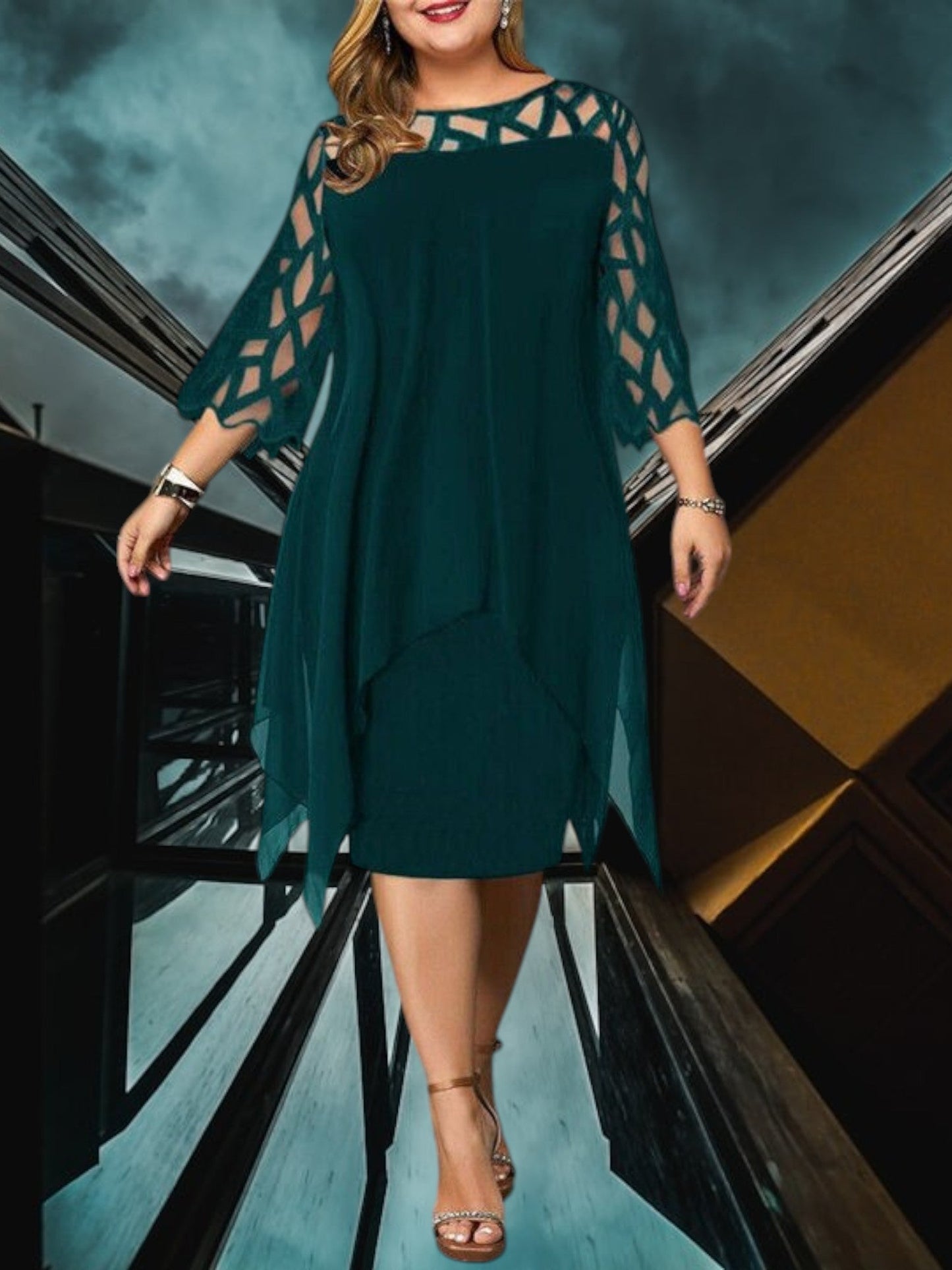 CM | Elegante vestido midi de talla grande hecho de material de alta calidad para mujer, fácil de cuidar y versátil