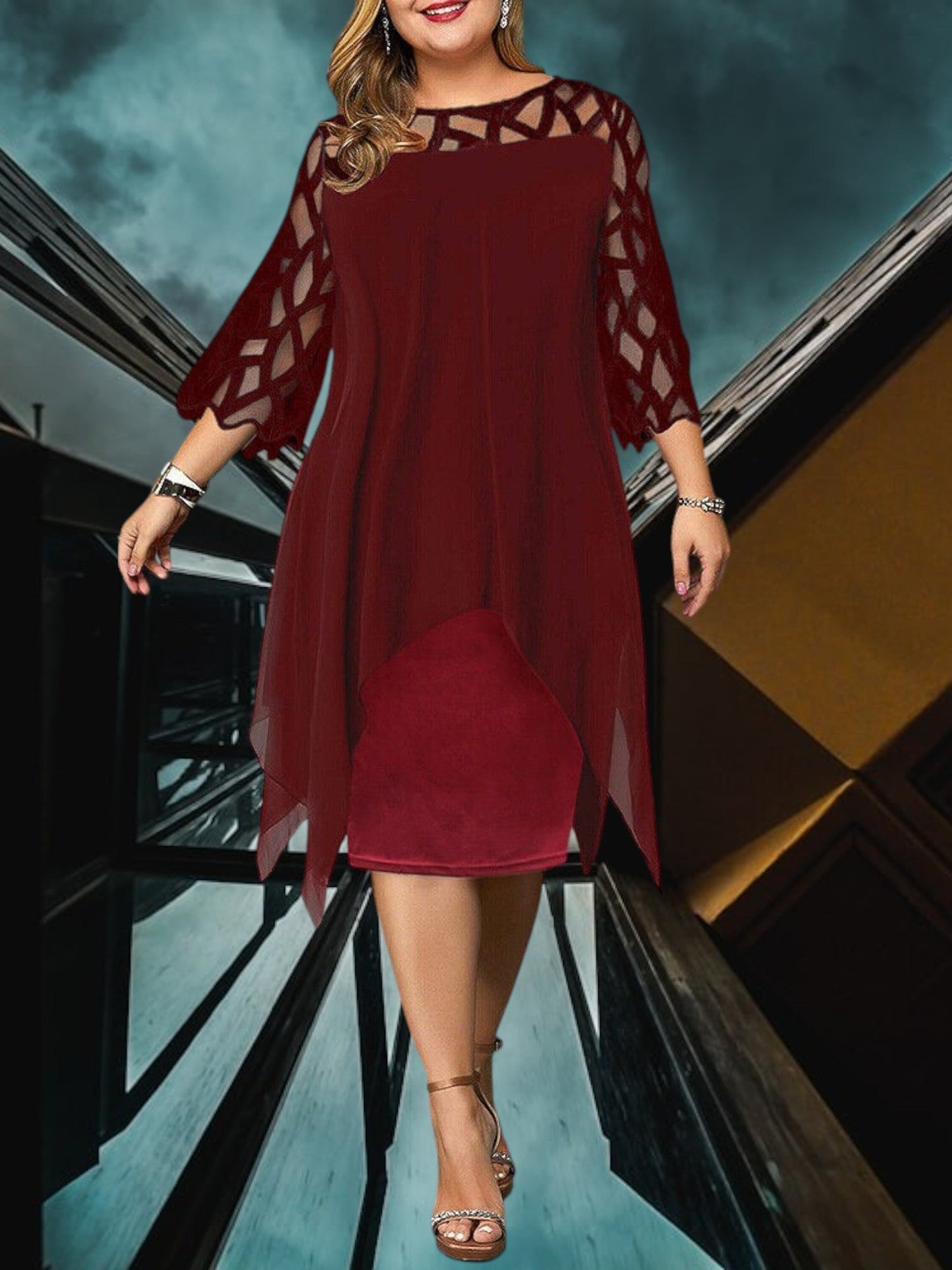 CM | Elegante vestido midi de talla grande hecho de material de alta calidad para mujer, fácil de cuidar y versátil