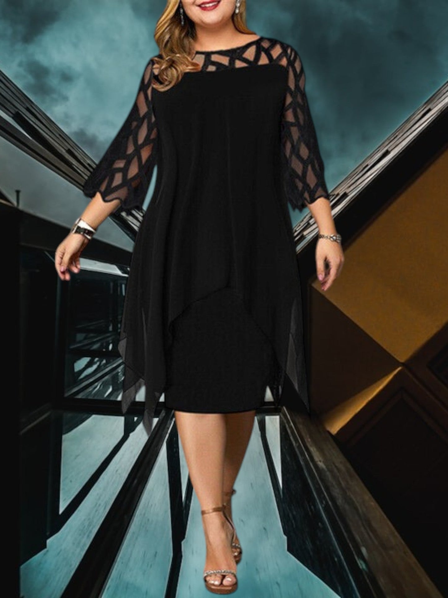 CM | Elegante vestido midi de talla grande hecho de material de alta calidad para mujer, fácil de cuidar y versátil