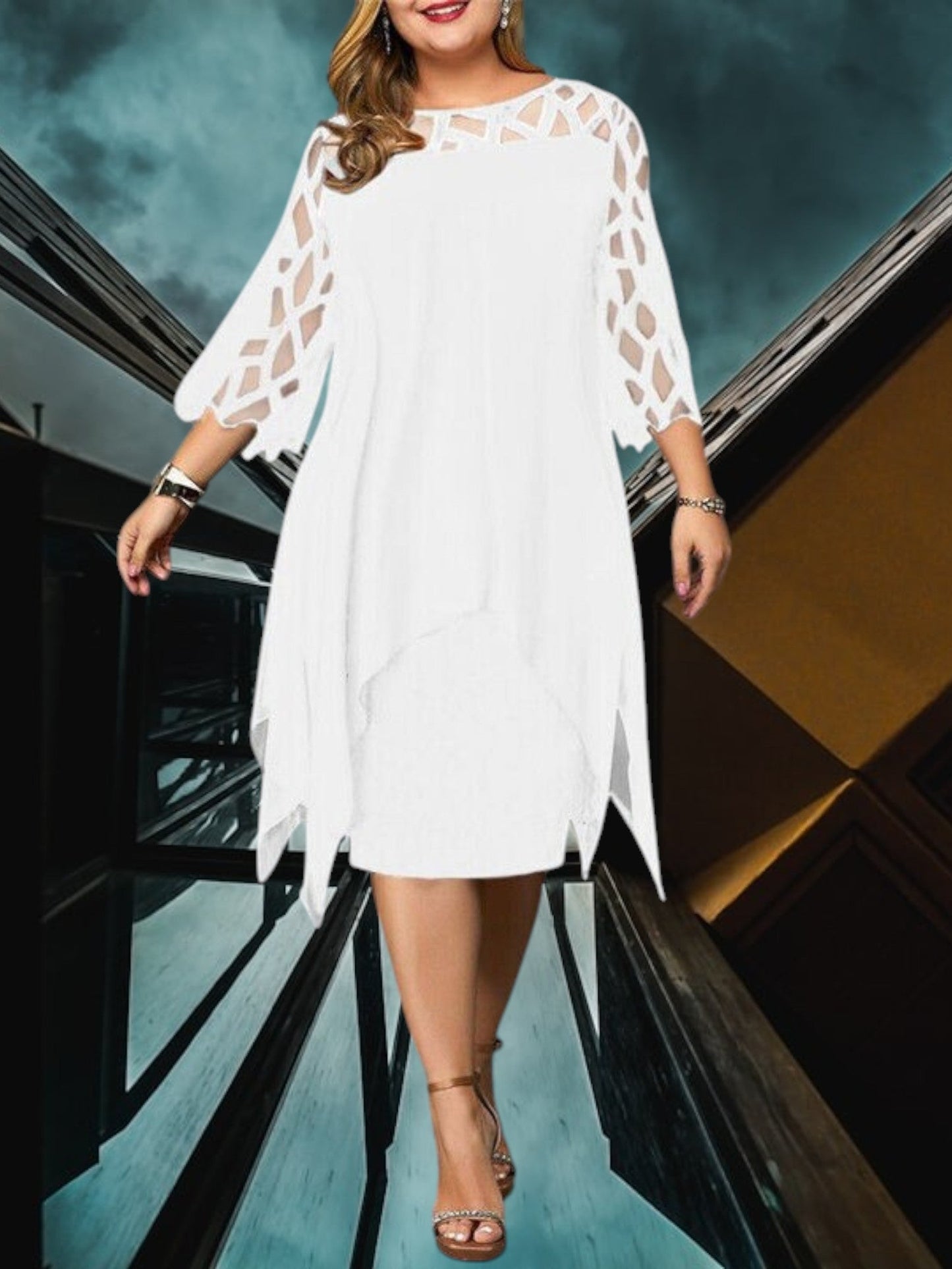 CM | Elegante vestido midi de talla grande hecho de material de alta calidad para mujer, fácil de cuidar y versátil