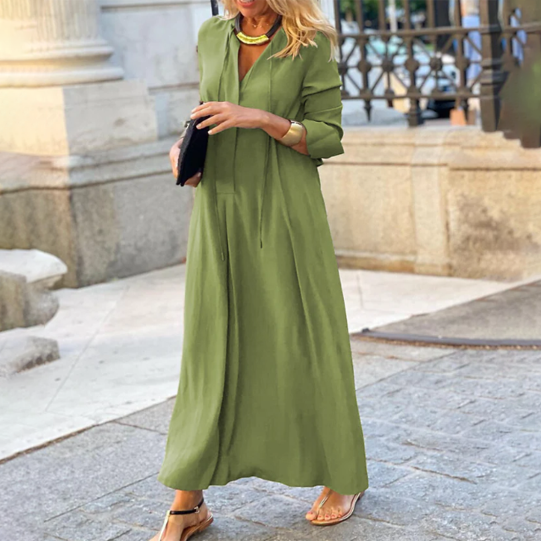 CM | Maxivestido de mujer - Tejido lujoso - Corte vaporoso - Cuello en pico - Elegancia de manga larga