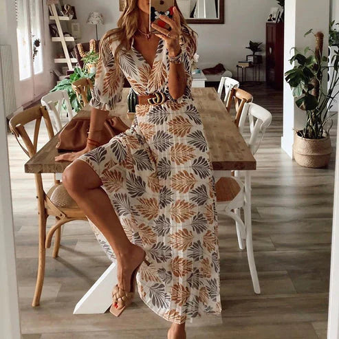 CM | Elegante maxi vestido estampado con cinturón