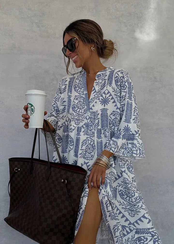 CM | Vestido corto de estilo bohemio con escote en V y mangas tres cuartos