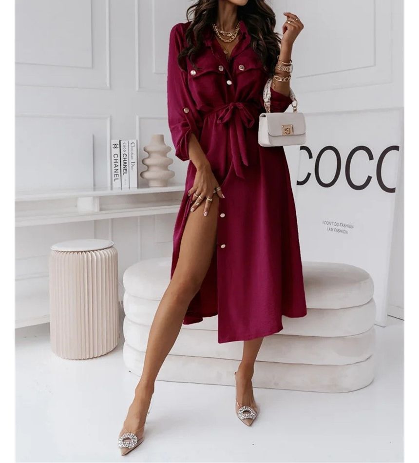 CM | Vestido camisero midi monocolor con cordones delanteros OP48