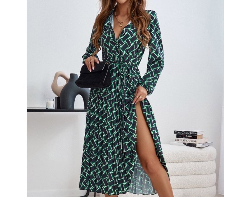 CM | Cuello Print Slit Vestido Midi A-Line OP59
