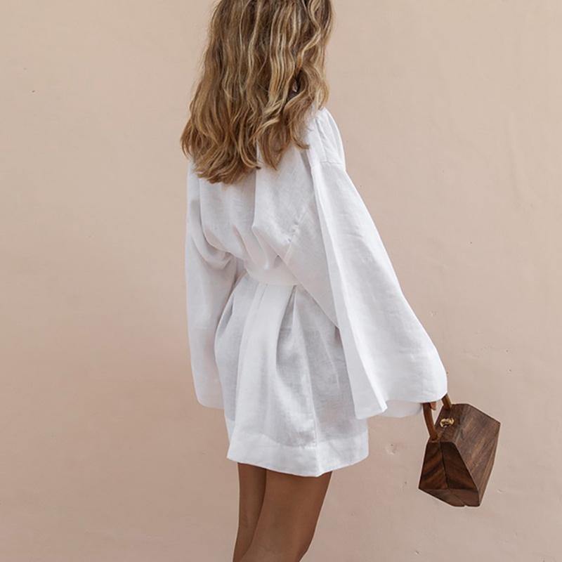 CM | Lace Up Mujeres V-Cuello Kimono Cardigan Mini Vestido de algodón de lino de manga larga fajas