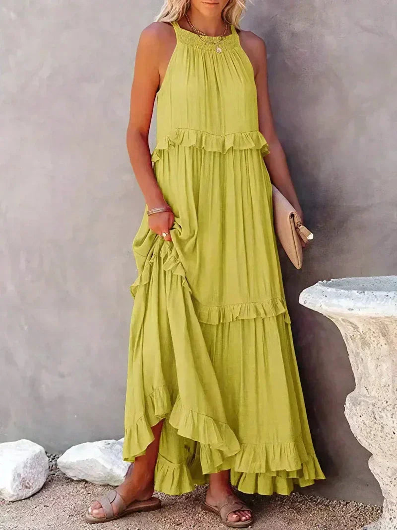CM | Maxivestido de mujer - Cuello halter - Capas fruncidas - Corte vaporoso - Algodón ligero