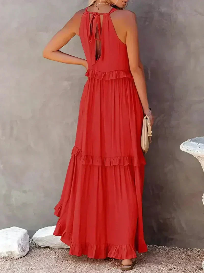 CM | Maxivestido de mujer - Cuello halter - Capas fruncidas - Corte vaporoso - Algodón ligero