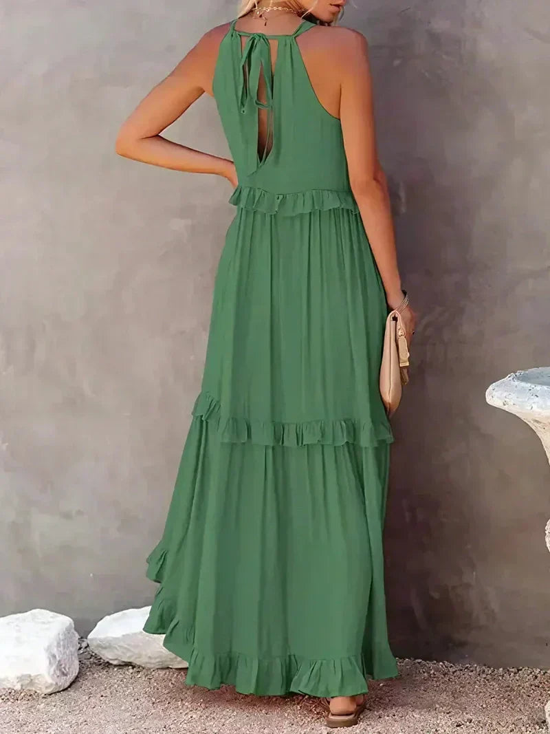 CM | Maxivestido de mujer - Cuello halter - Capas fruncidas - Corte vaporoso - Algodón ligero