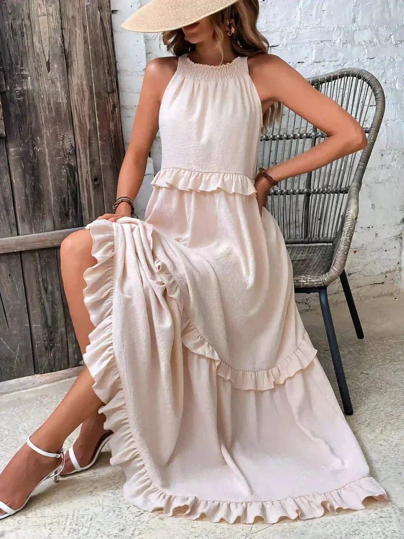 CM | Maxivestido de mujer - Cuello halter - Capas fruncidas - Corte vaporoso - Algodón ligero