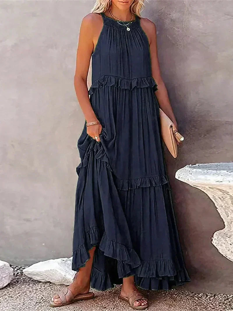 CM | Maxivestido de mujer - Cuello halter - Capas fruncidas - Corte vaporoso - Algodón ligero