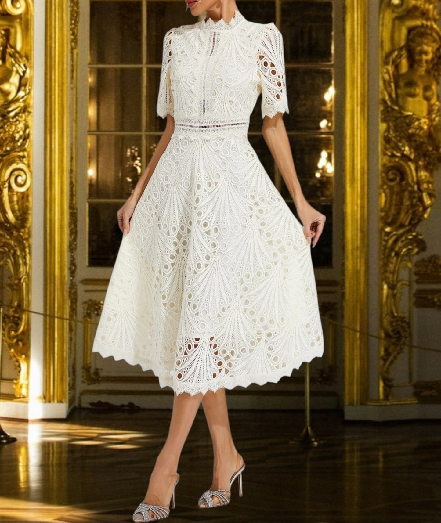 CM | Vestido midi de encaje con favorecedor escote redondo