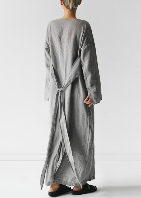 CM | gris sólido lazo cintura BauMW | vestido largo completo mangas largas FF042