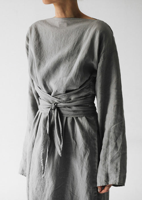 CM | gris sólido lazo cintura BauMW | vestido largo completo mangas largas FF042