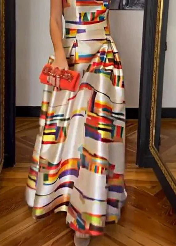 CM | Vestido largo de seda con cintura alta y estampado blanco sin mangas WW1040