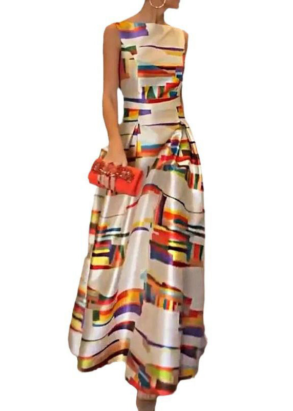 CM | Vestido largo de seda con cintura alta y estampado blanco sin mangas WW1040