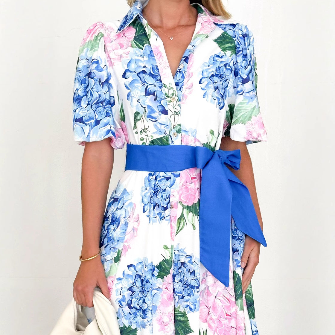 CM | maxi vestido de mujer - línea A - mangas cortas - estampado floral - cintura atada estilo boho