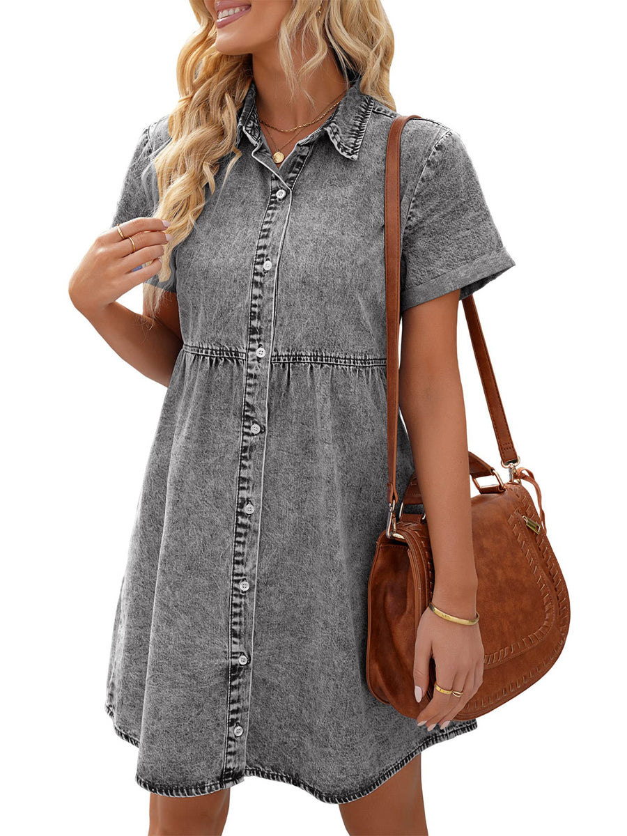 CM | Button Down Cinturón Plisado Flare A-Line Camisa Vestido Midi