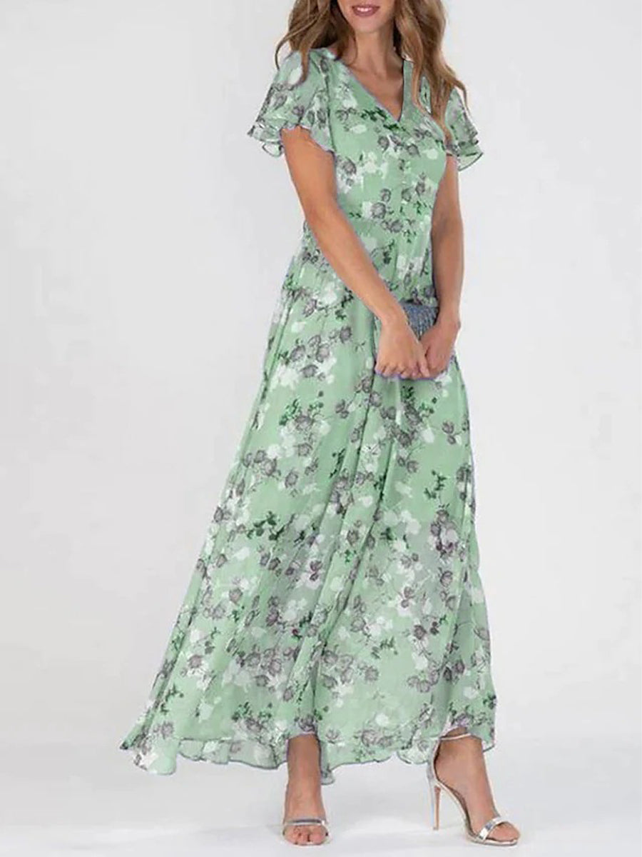 CM | Mangas con volantes Cuello en V maxi vestido de gasa floral
