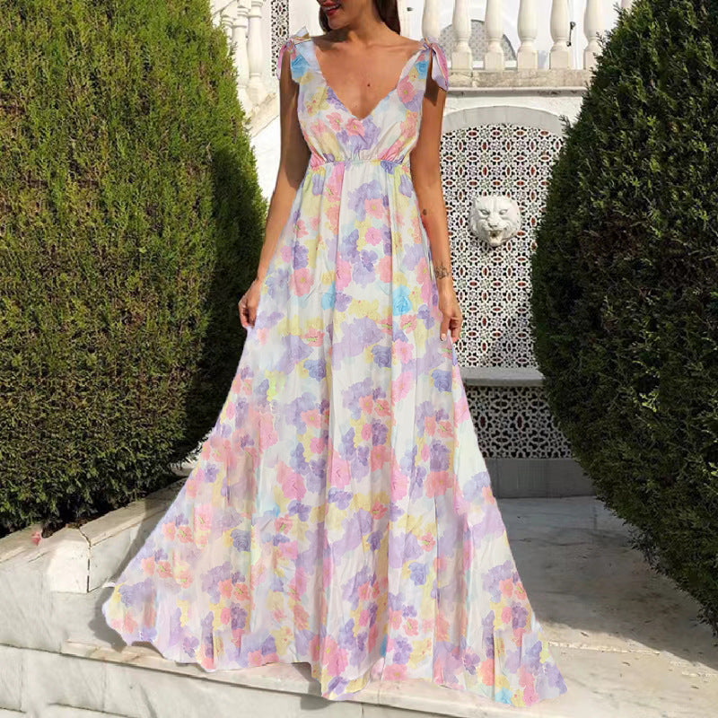 CM | Maxi vestido de mujer - Estampado floral - Escote redondo - Sin mangas - Espalda abierta - Corte vaporoso