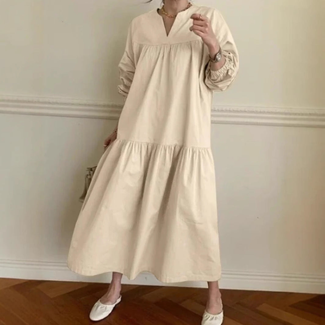 CM | Maxivestido de mujer - Mezcla de algodón y lino - Corte oversize - Cuello en pico - Mangas abullonadas